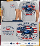 Heather gray t-shirt shown from both front and back with a large patriotic crab graphic and text reading 'The Crab Depot Mid Atlantic Crab Company' and '250 Years.' A color legend at the bottom lists navy, red, white, and royal blue ink options.