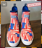 Shoes with American flag design on a wooden surface, with 'EFC' branding.