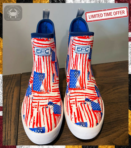 Shoes with American flag design on a wooden surface, with 'EFC' branding.